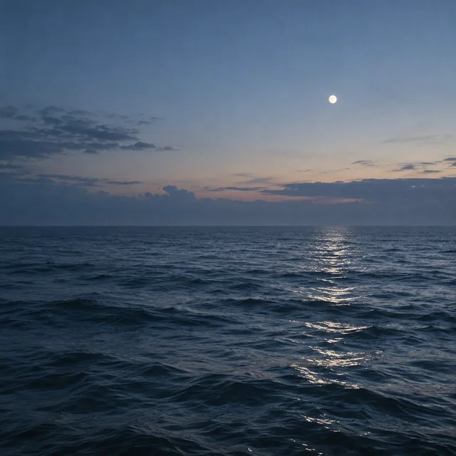 A quiet blue ocean beneath the moon, used as fictional album artwork.